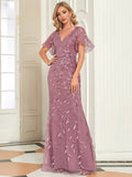 Gorgeous V Neck Leaf-Sequined Fishtail Party Formal Dress - CALABRO®