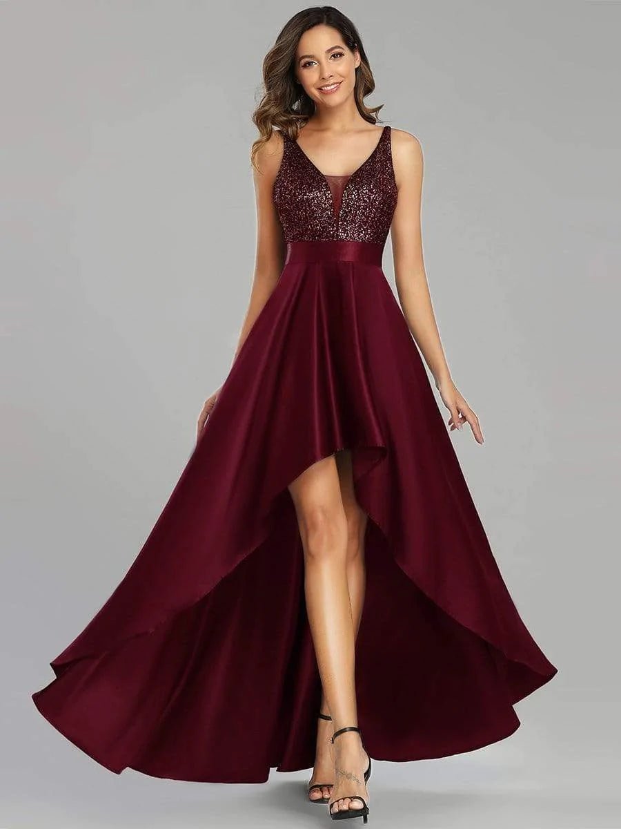High Low Sequin Top Satin Formal Dress CALABRO Online