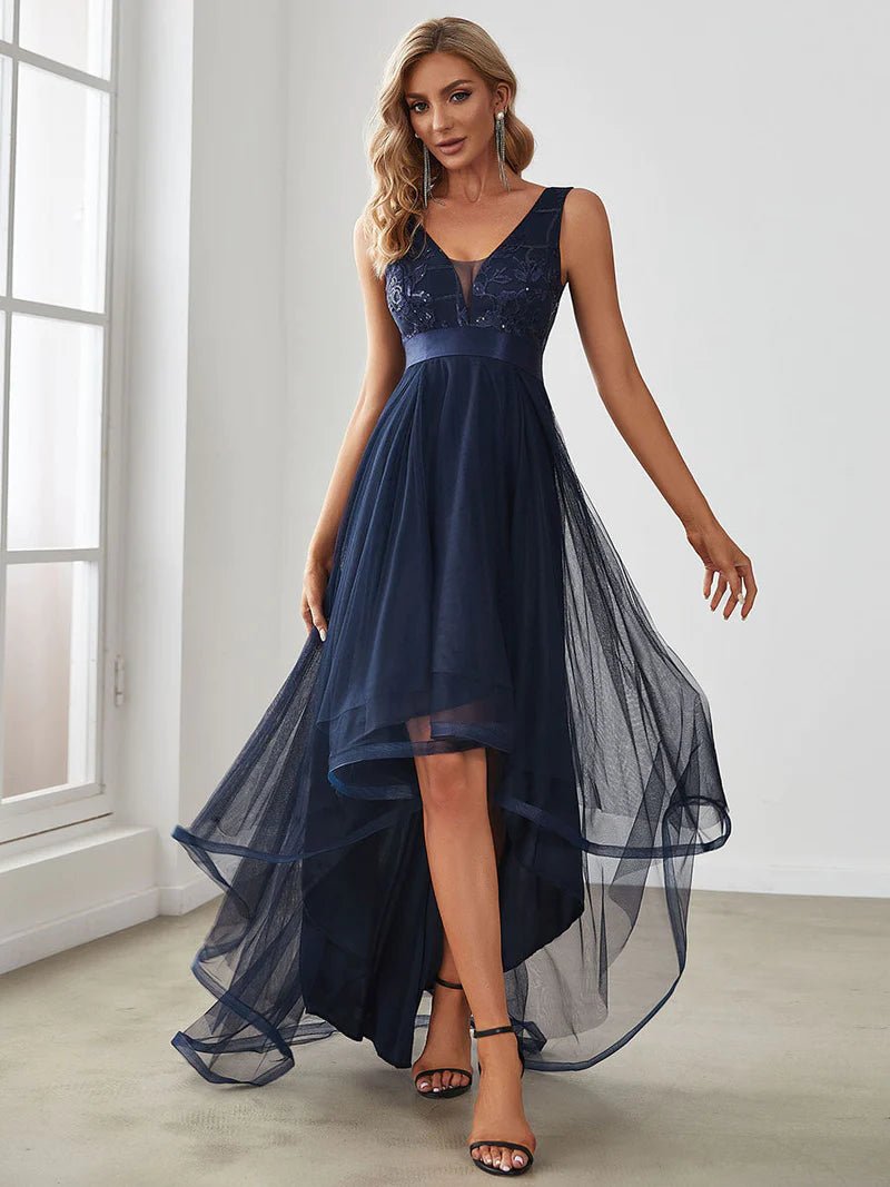 High Low Tulle Sequin Detail Formal Dress