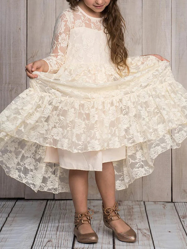 Pure Lace Long-Sleeve Round Neckline Flower Girl Dress