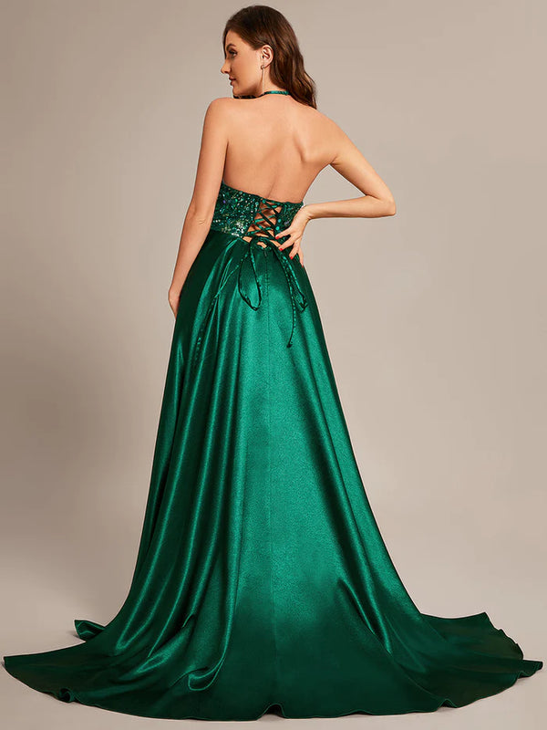 Sleeveless Fit V-Neck A-Line Backless Satin Shiny Custom Evening Dress