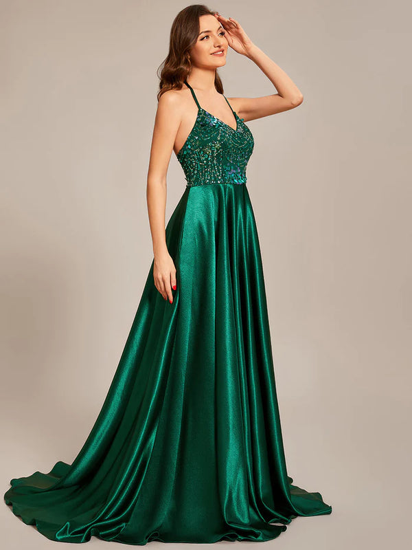 Sleeveless Fit V-Neck A-Line Backless Satin Shiny Custom Evening Dress