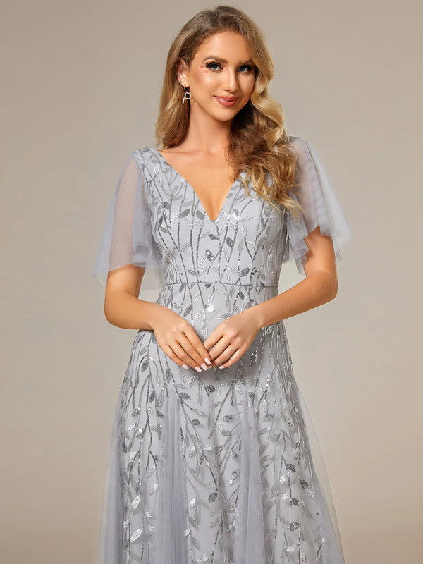 Deep V Neck Sequin Bridesmaid Dress With Short Sleeves