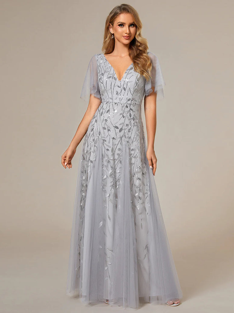 Deep V Neck Sequin Bridesmaid Dress With Short Sleeves