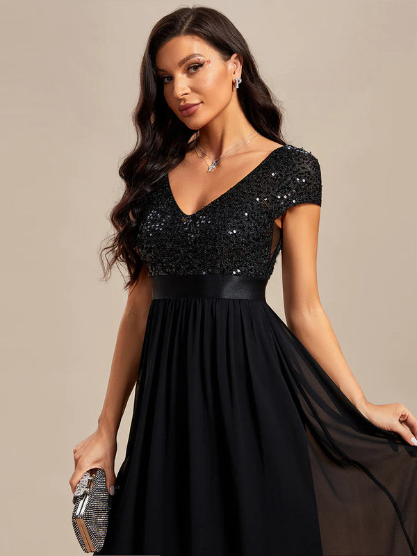 Sparkly Top Cap Sleeve Evening Dress