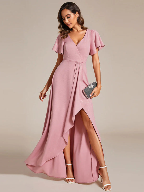 Shiny Tea Length Split Evening Dresses With Ruffle Sleeves