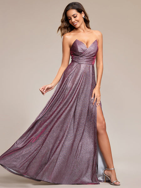 Hot Split Pleated Shiny Maxi Lacing design Evening Dresses
