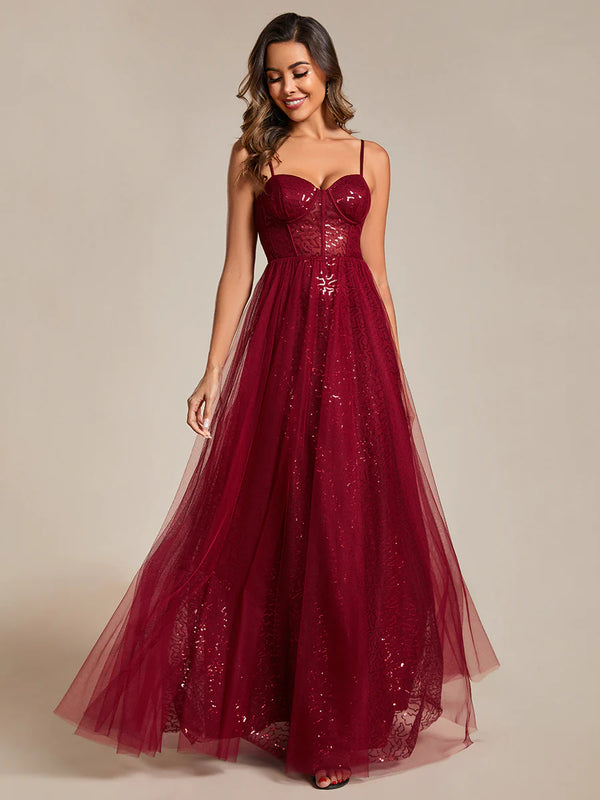 Exquisite Empire Waist Sequin Shiny A-Line Floor Length Sweetheart Neckline Spaghetti Straps Evening Dress