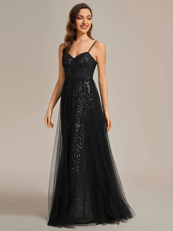 Exquisite Empire Waist Sequin Shiny A-Line Floor Length Sweetheart Neckline Spaghetti Straps Evening Dress
