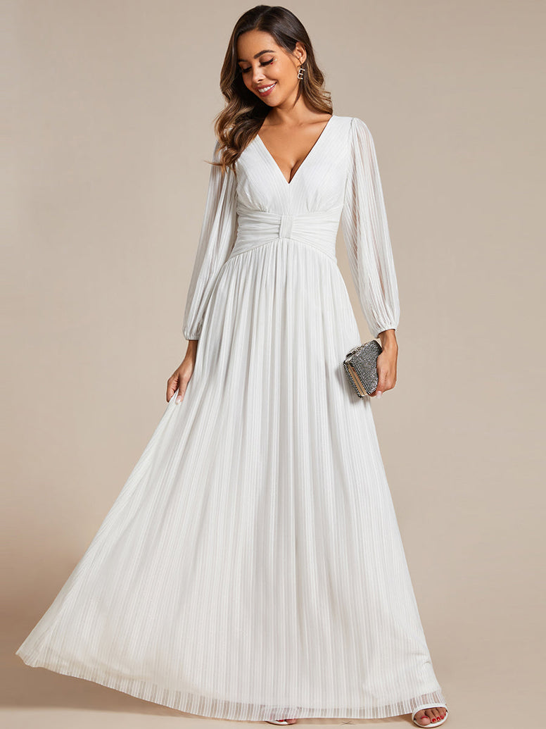 Maxi Long Chiffon Waist V Neck Wedding Dress with Long Sleeves