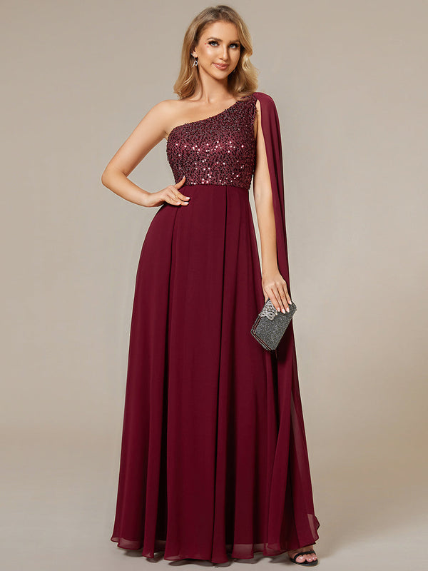 A-Line Shiny Sequin Chiffon Bodice One Shoulder Sleeveless Evening Dress