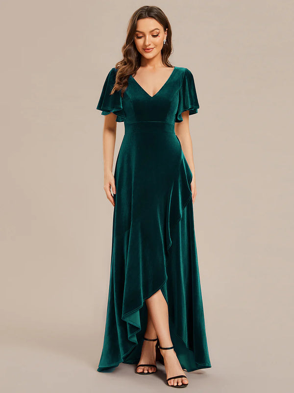 Lotus Leaf Ruffles High-low V Neck Evening Dress with Short Sleeves
