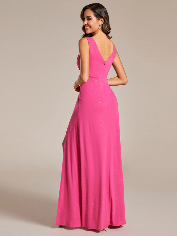 Sparkly Deep V-Neck Fitted Bridesmaid Dress