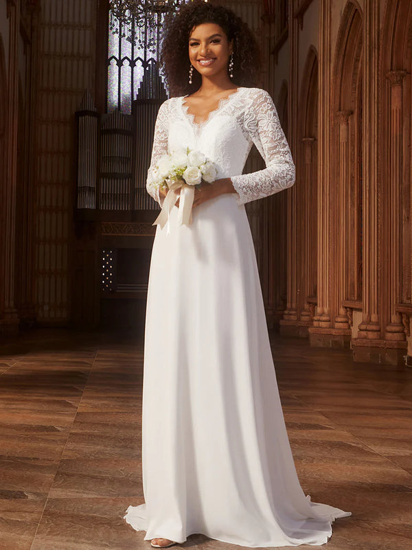 Elegant Hollow Lace V Neck Wedding Dresses