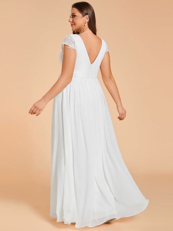 Plus Size Hollow Pleated V-Neck Simple Wedding Dress with Short Sleeves