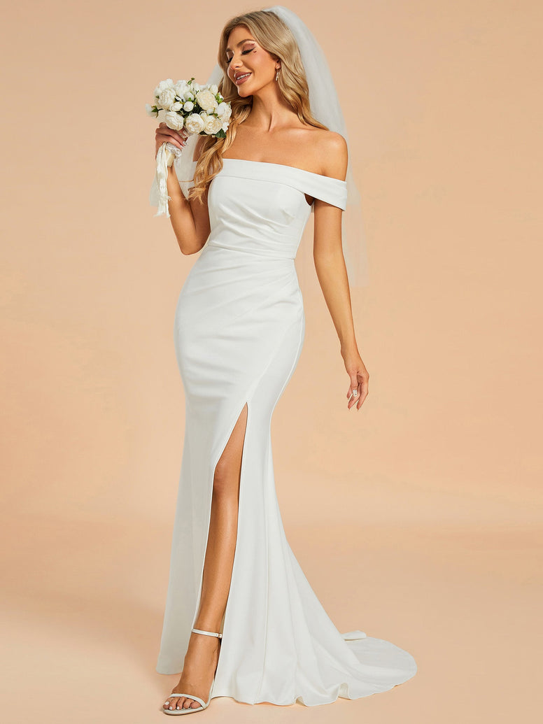 Maxi Long Side Split Wedding Dresses With Off Shoulder