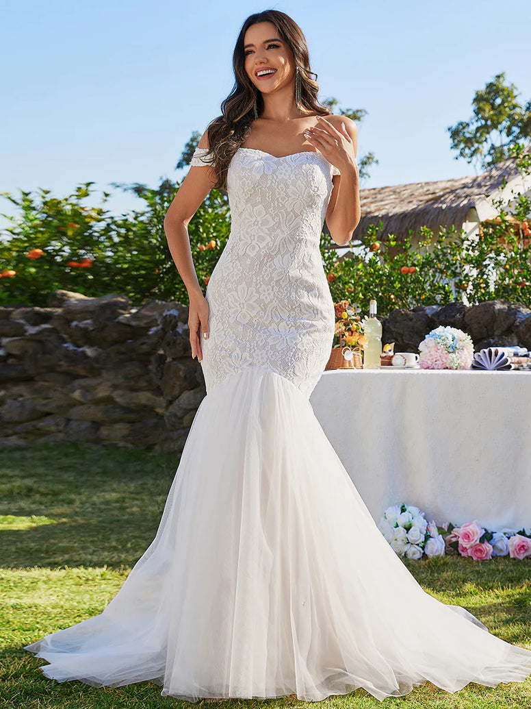Elegant Fishtail Floor Off Shoulder Sleeveless Wedding Dress
