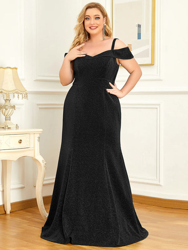 Off Shoulder Sparkly Fitted Plus Size Mother of The Bride Dress