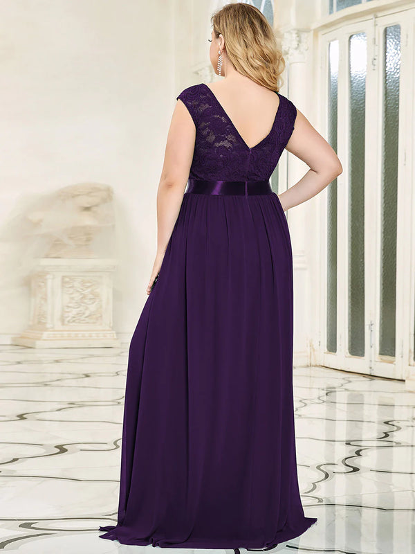 Scoop Neckline Low Back Lace Plus Size Evening Dress