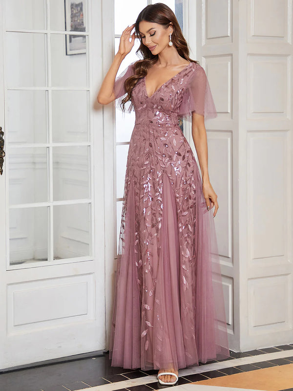 V-Neck Sequinned Butterfly Sleeve Bridesmaid Dress
