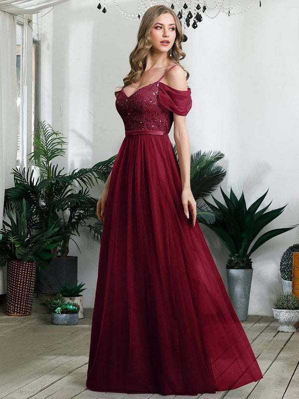 Tulle Off-Shoulder Sleeve Sparkly Top Bridesmaid Dress
