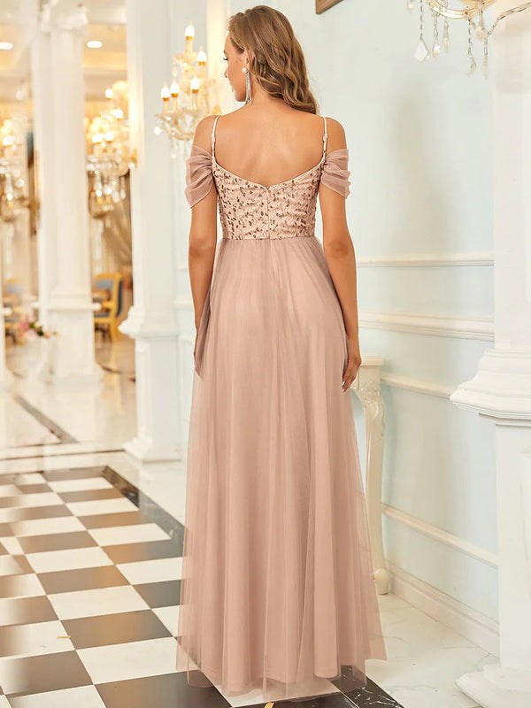 Tulle Off-Shoulder Sleeve Sparkly Top Bridesmaid Dress