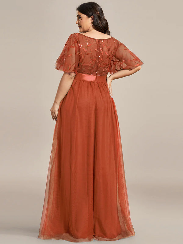 Sequin Print Plus Size Evening Dresses with Cap Sleeve
