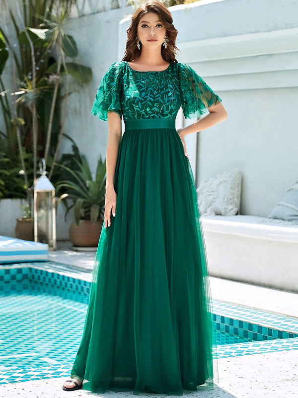 Sequin Print Maxi Long Bridesmaid Dress with Cap Sleeve