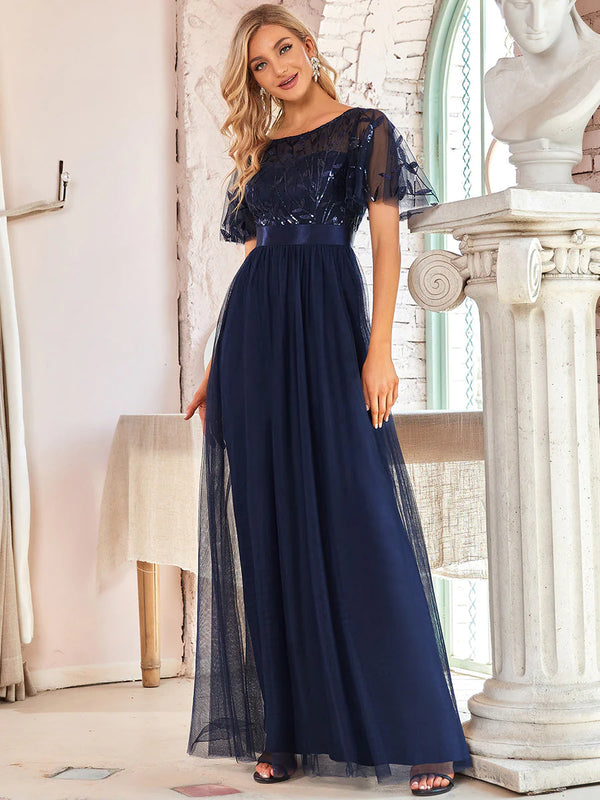 Sequin Print Floor-length Bridesmaid Dress with Cap Sleeve