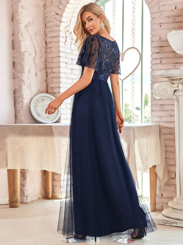 Sequin Print Floor-length Bridesmaid Dress with Cap Sleeve