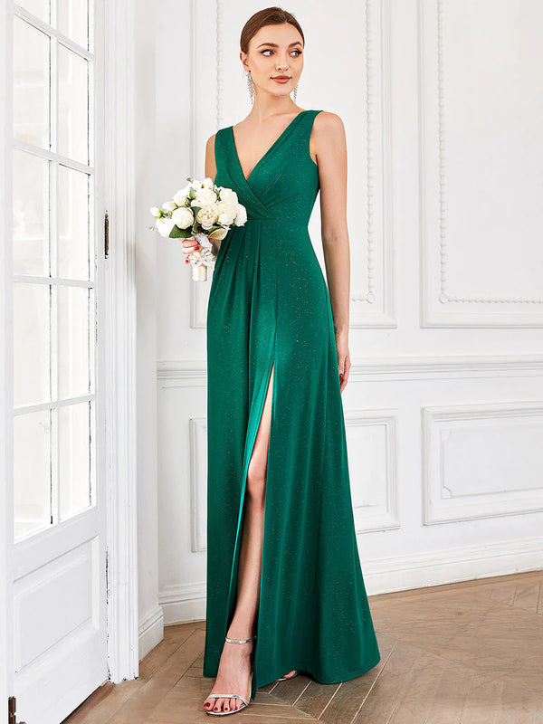 Sparkly Deep V-Neck Fitted Bridesmaid Dress