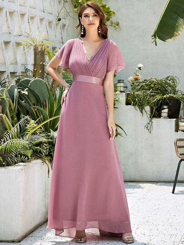 Butterfly Sleeve Pleated Top V-Neck Bridesmaid Dress