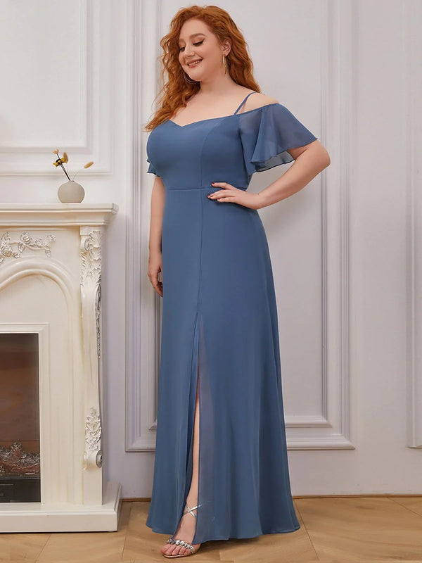 Cold Shoulder Flowy Thigh Slit Plus Size Evening Dress