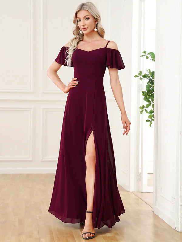 Off Shoulder Ruffle Sleeve Thigh Slit Bridesmaid Dress Online