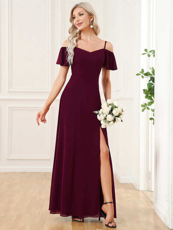 Off-Shoulder Ruffle Sleeve Thigh Slit Bridesmaid Dress