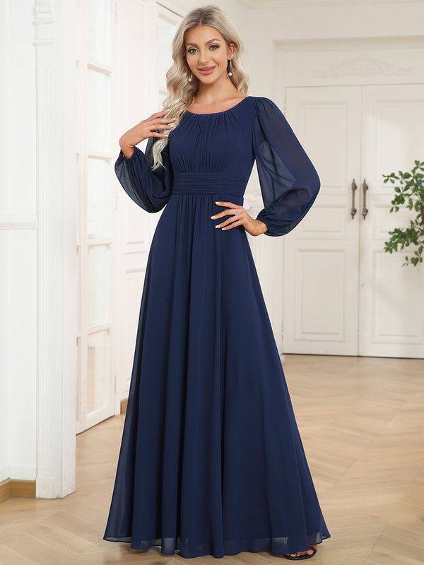 Round Neck Bridesmaid Dresses with Long Lantern Sleeves