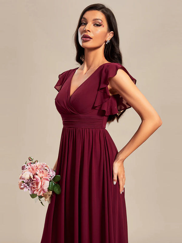 V Neck Pleated Belted Ruffles Bridesmaid Dresses