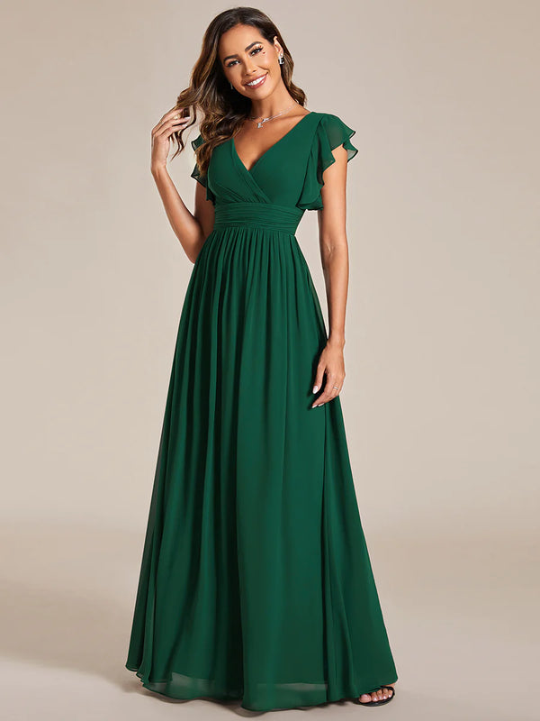 V Neck Pleated Belted Ruffles Bridesmaid Dresses