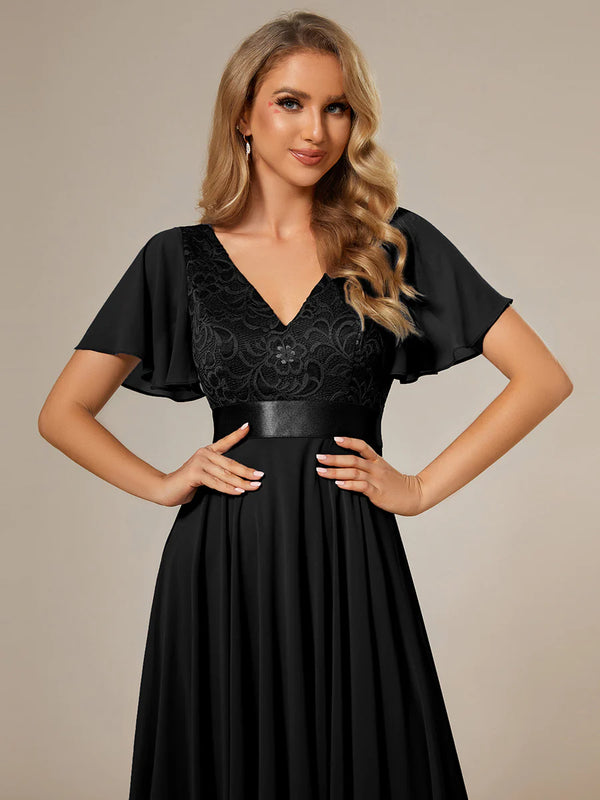 Deep V Neck Chiffon Evening Gown With Short Sleeves