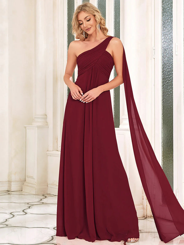 Elegant Pleated A-Line Floor Length One Shoulder Sleeveless Bridesmaids Dress