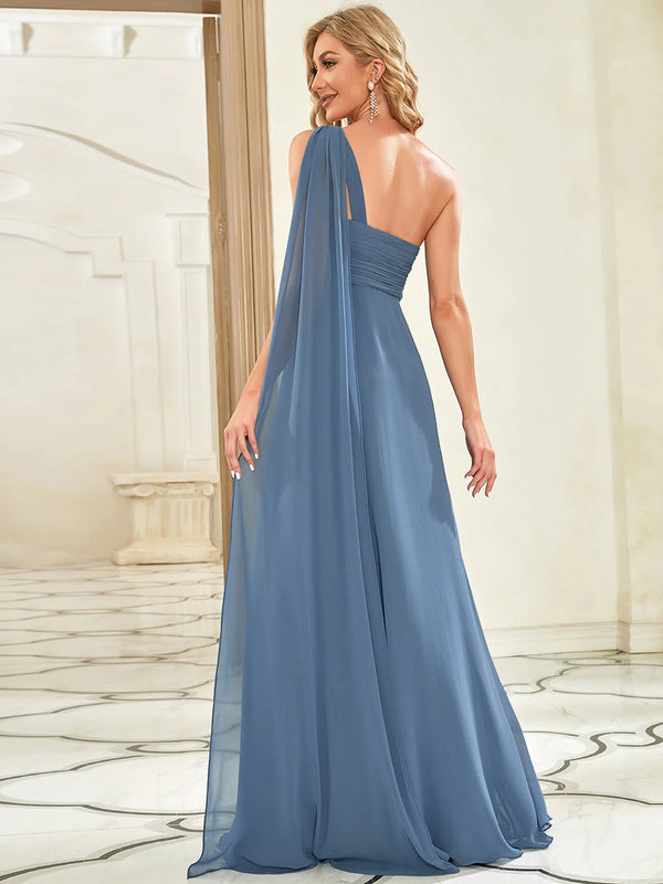 Elegant Pleated A-Line Floor Length One Shoulder Sleeveless Bridesmaids Dress