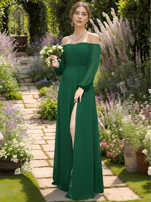 Chiffon Maxi Long One Shoulder Evening Dresses With Lantern Sleeves