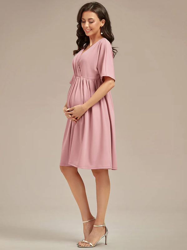 V Neck Short Pleated Maternity Dresses