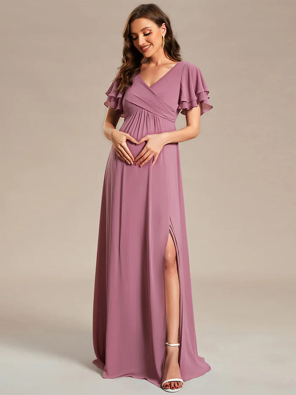 Ruffle Sleeves Split Chiffon Maternity Dresses