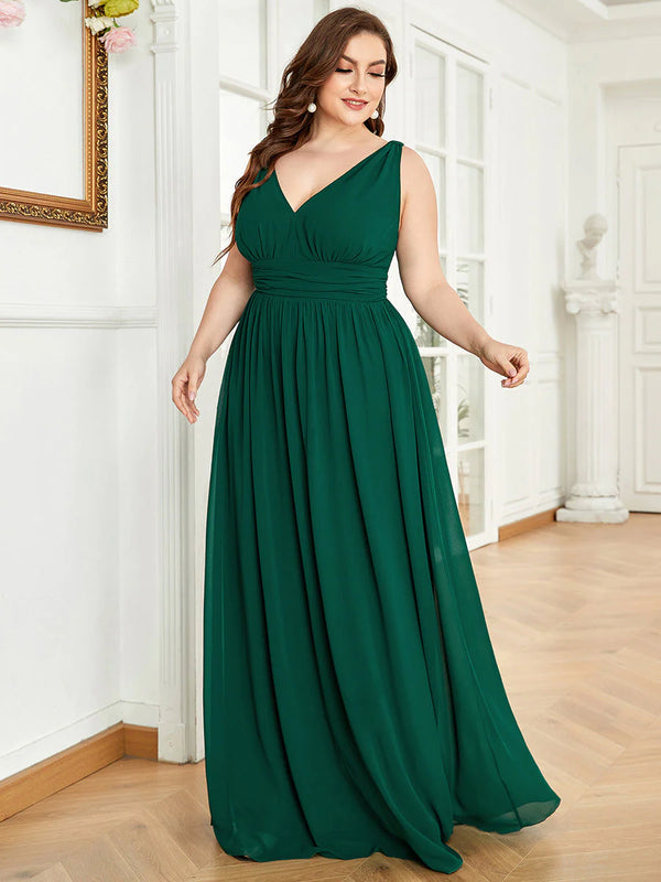 V-Neck Ruched Top Flowy Plus Size Evening Dresses