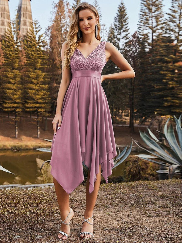 Asymmetrical Lace Top V-Neck Formal Dress
