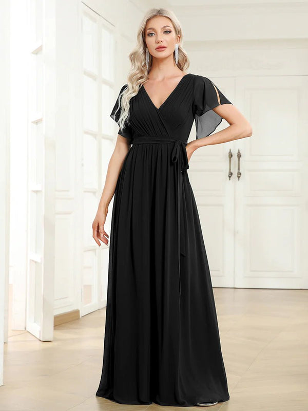 Butterfly Sleeve V Neck Flowy Bridesmaid Dress CALABRO