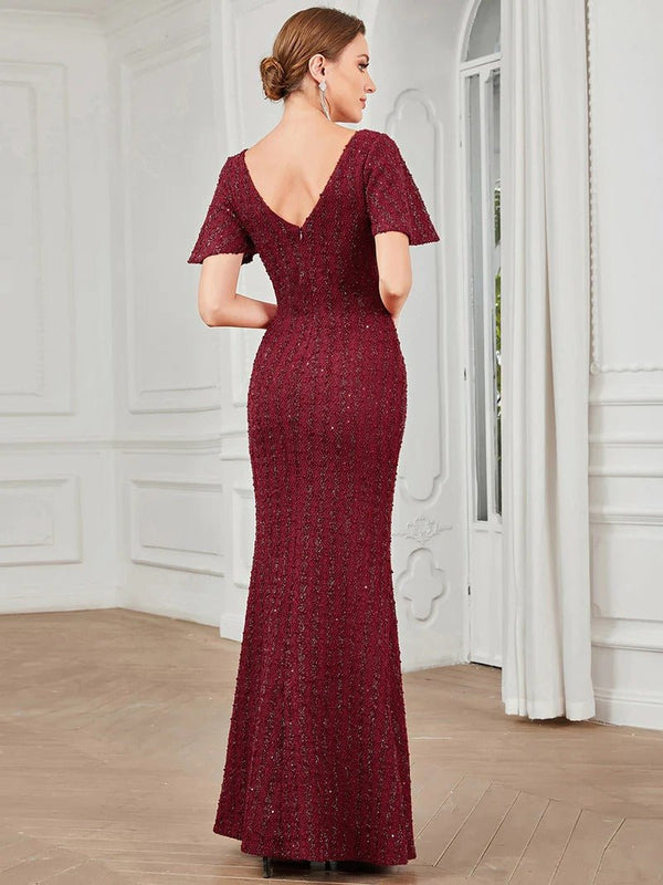 Deep V Neck Short Sleeves Evening Dresses with Fishtail