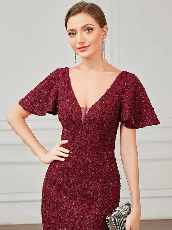Deep V Neck Short Sleeves Evening Dresses with Fishtail