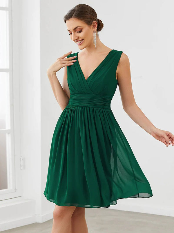 Double V-neck Chiffon Cocktail Pleated Dresses